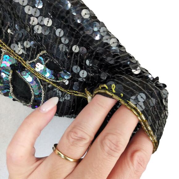 Vtg 80s Star Group Sz M 100% Silk Black Sequin Beaded Gold Rose Top Disco NYE - Picture 5 of 7